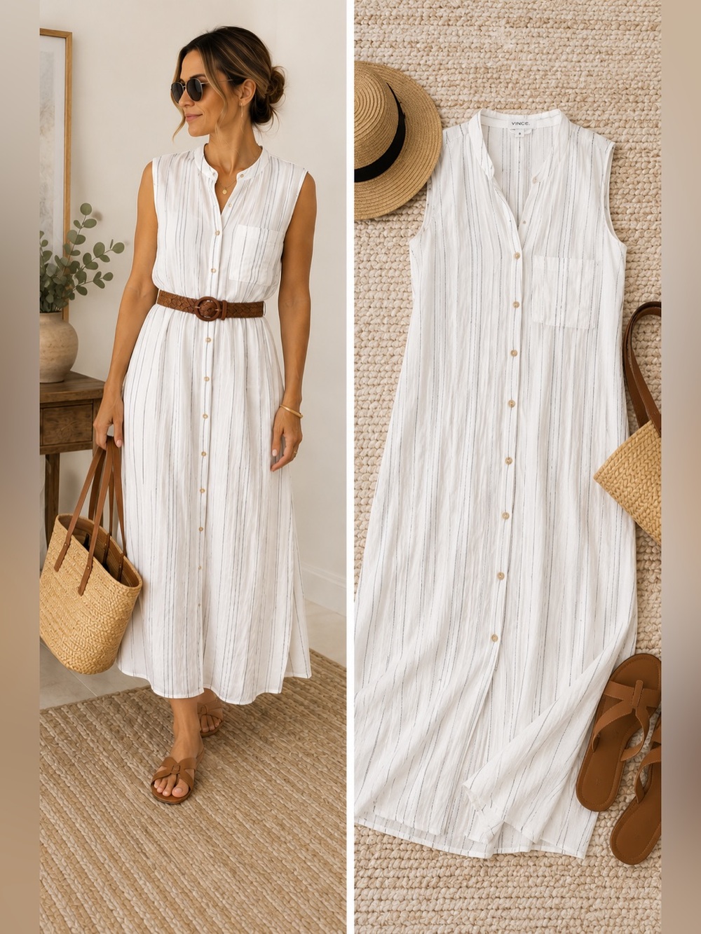 Vince White Pinstripe Sleeveless Shirt Dress S Mandarin Collar Minimalist
